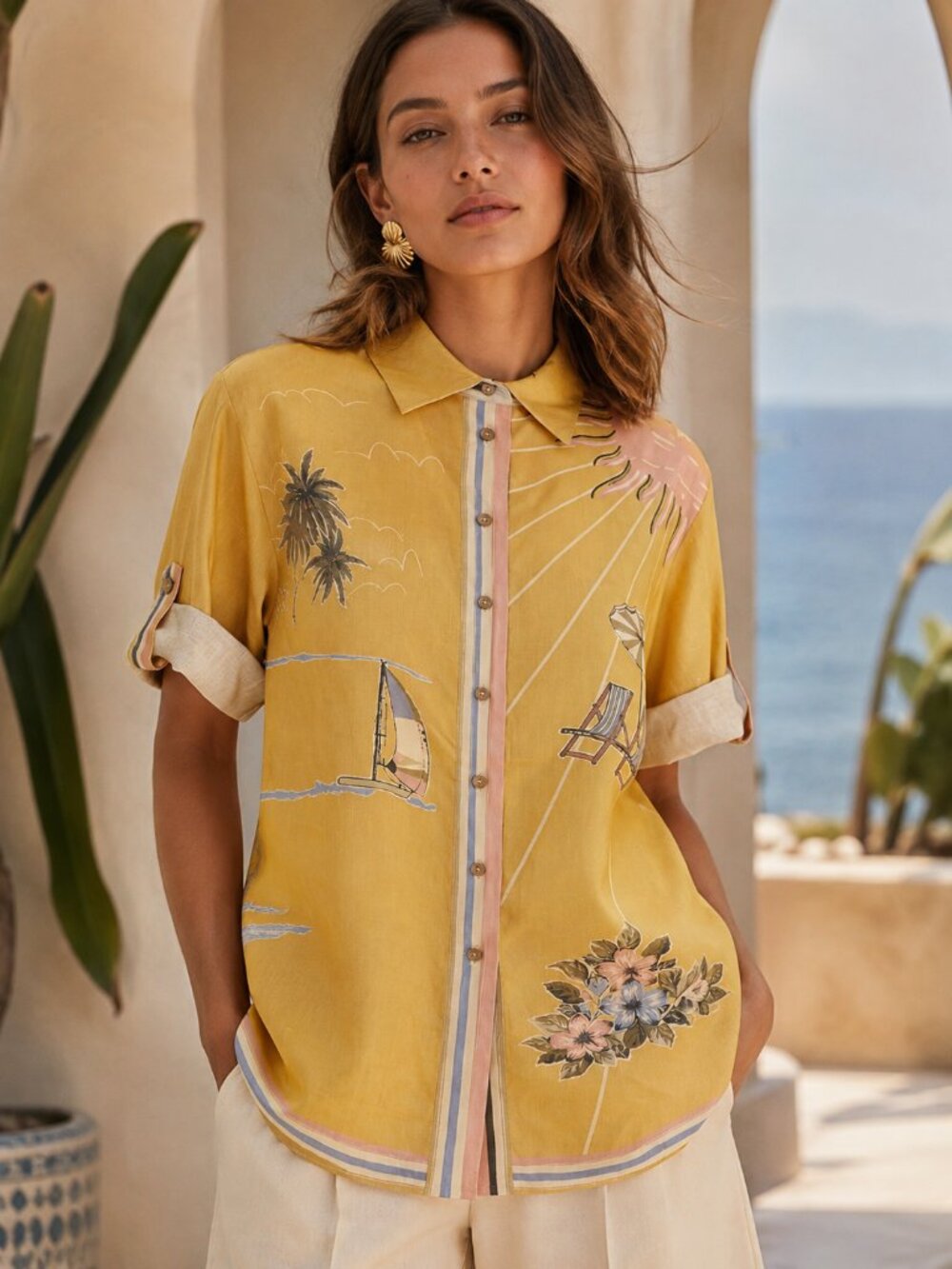 ALEMAIS 100% Linen Sunset Shades Shirt In Sand